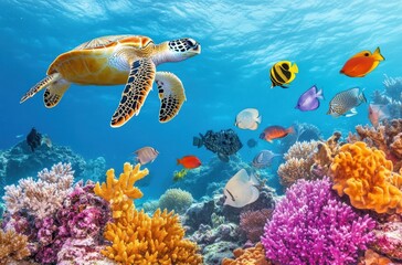 Fototapeta premium Colorful Underwater Scene with Sea Turtle and Vibrant Coral Reef Amidst Various Tropical Fish in Clear Blue Ocean