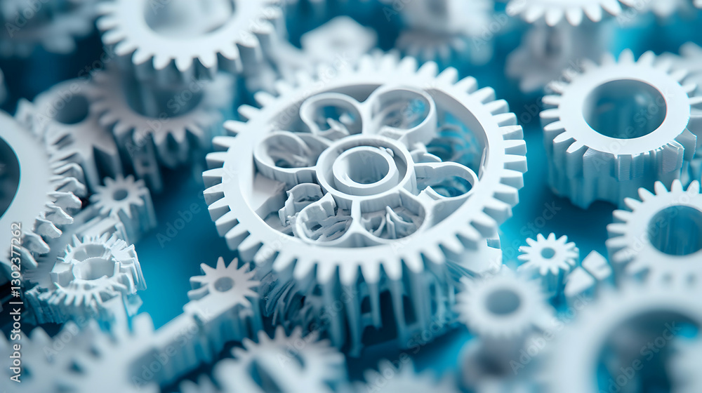 Poster intricate gear system, a mesmerizing close-up of interlocking cogwheels illustrating precision engin