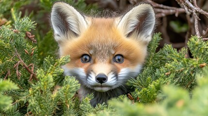 Obraz premium Cute red fox peeking through green foliage in natural habitat