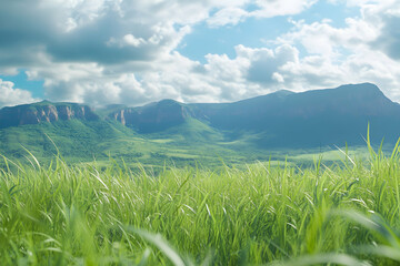 Fototapeta premium Lush green meadow with waving grass under a vibrant sky and scenic mountain views, showcasing a tranquil pastoral vista and natural serenity