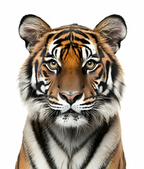 Fototapeta premium Magnificent portrait of a bengal tiger against a pristine white background, showcasing its mesmerizing amber eyes and intricate stripe pattern in high detail