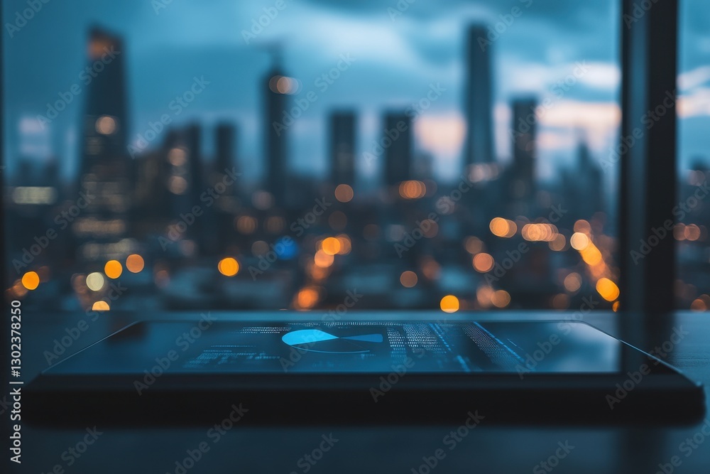 Poster close-up shot of a digital tablet displaying holographic pie charts with a blurred city skyline in t