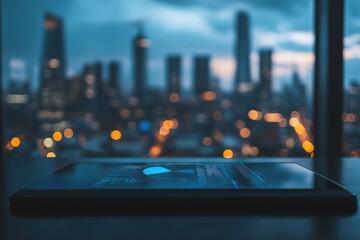 Close-Up Shot of a Digital Tablet Displaying Holographic Pie Charts with a Blurred City Skyline in the Background during Twilight Hours