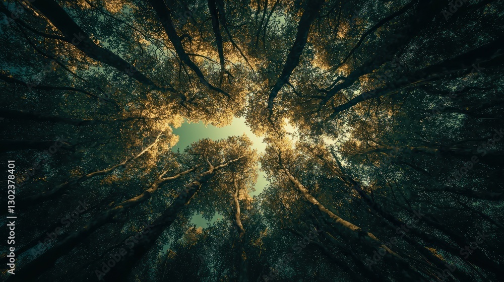 Poster abstract golden lines forming tree-like shapes within a dark green forest.