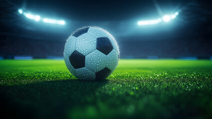 Soccer Ball with Water Droplets on a Wet Field Under Stadium Lights