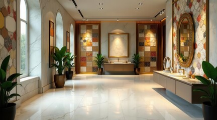 Luxurious Bathroom Interior Design with Marble Flooring, Gold Accents, and Artistic Tilework Featuring Plants