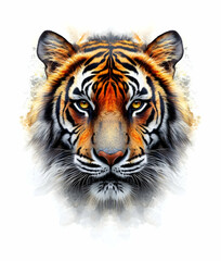 Fototapeta premium Majestic Tiger Portrait, A striking close-up of a tiger's face, showcasing its powerful gaze and intricate fur patterns against a clean white backdrop, high resolution detailed artwork