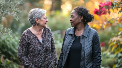 Fototapeta premium Two women walking through a park, engaged in deep conversation and bonding over shared experiences.