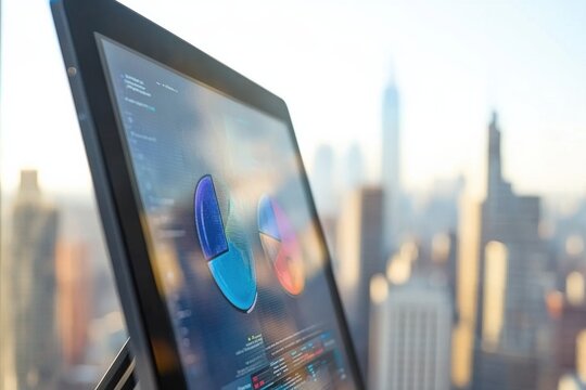 Close-Up Shot of a Digital Tablet Displaying Holographic Pie Charts with a Blurred City Skyline in the Background Captured in High Resolution