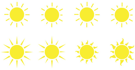Sun icon set collection on white background. Sun icon with bold rays. Sunshine graphic illustration. Circular sun silhouette. Stylized sun with rays. Weather sun icon vector. Vector illustration