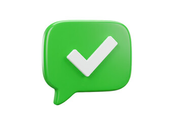 3D illustration of a green speech bubble icon with a white check mark symbol representing confirmation or approval