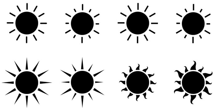 Sun icon isolated set collection on white background. Sun icon with bold rays. Flat sun symbol vector. Sunshine graphic illustration. Circular sun silhouette. Stylized sun with rays. Vector icons