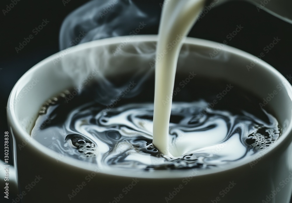 Poster cream pouring into a hot cup of coffee creating dynamic swirls of steam and colorful patterns in the