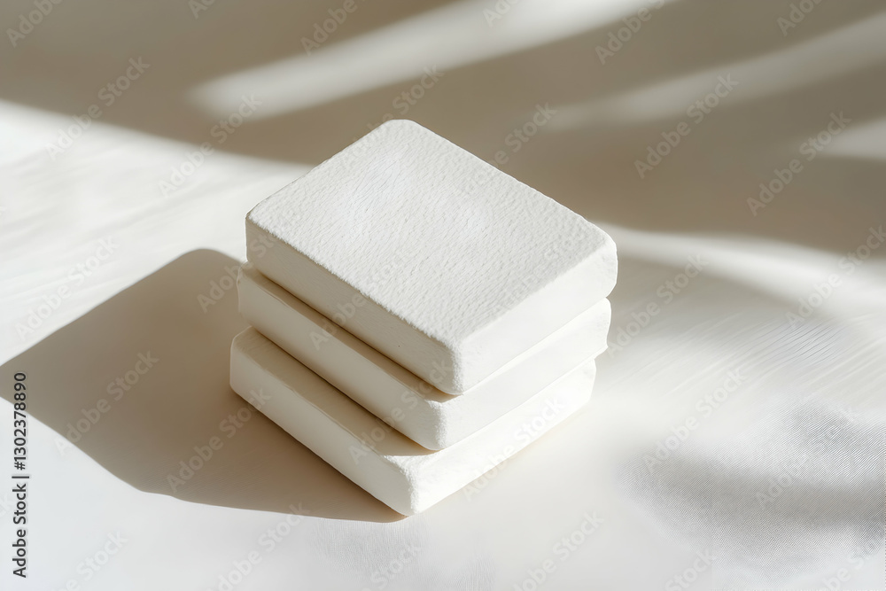Poster minimalist still life composition featuring stacked white rectangular blocks with subtle shadows, em
