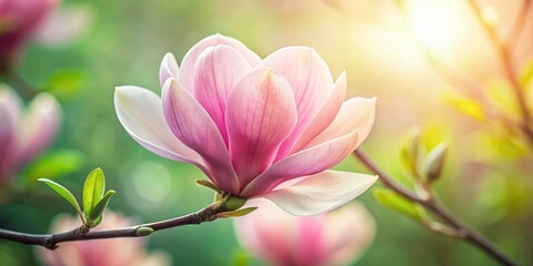 Fototapeta premium Delicate pink petals unfolding from a large, showy magnolia flower with soft, velvety texture and subtle green undertones