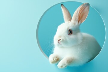 Obraz premium Easter joy embodied by a fluffy rabbit in a circular blue frame.