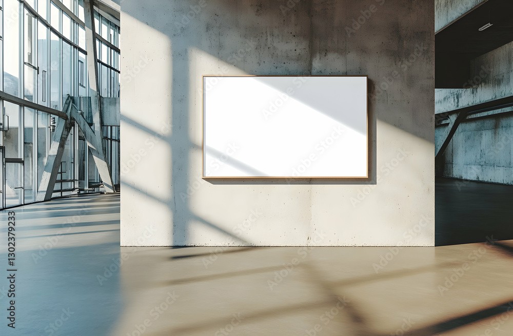 Poster modern art gallery interior with empty frame and sunlight, ideal for art mockups and design presenta