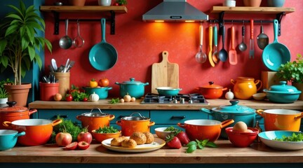 Vibrant Kitchen Scene Featuring Colorful Cookware and Fresh Ingredients Ready for Delicious Meal Preparation