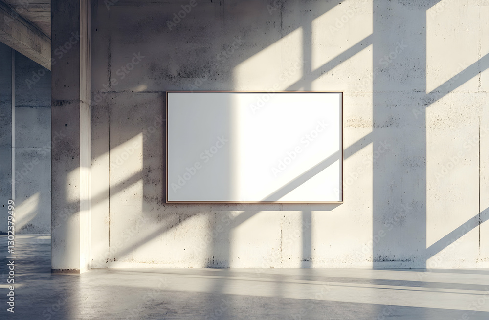 Poster modern gallery space featuring a blank canvas on a concrete wall, illuminated by sunlight and castin