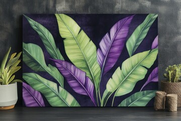 Stylish watercolor tropical leaf pattern in green and purple, showcased on a dark canvas for an elegant design.
