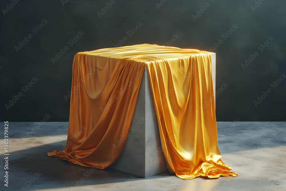 Poster mysterious golden fabric draped over a cubic object in a studio setup