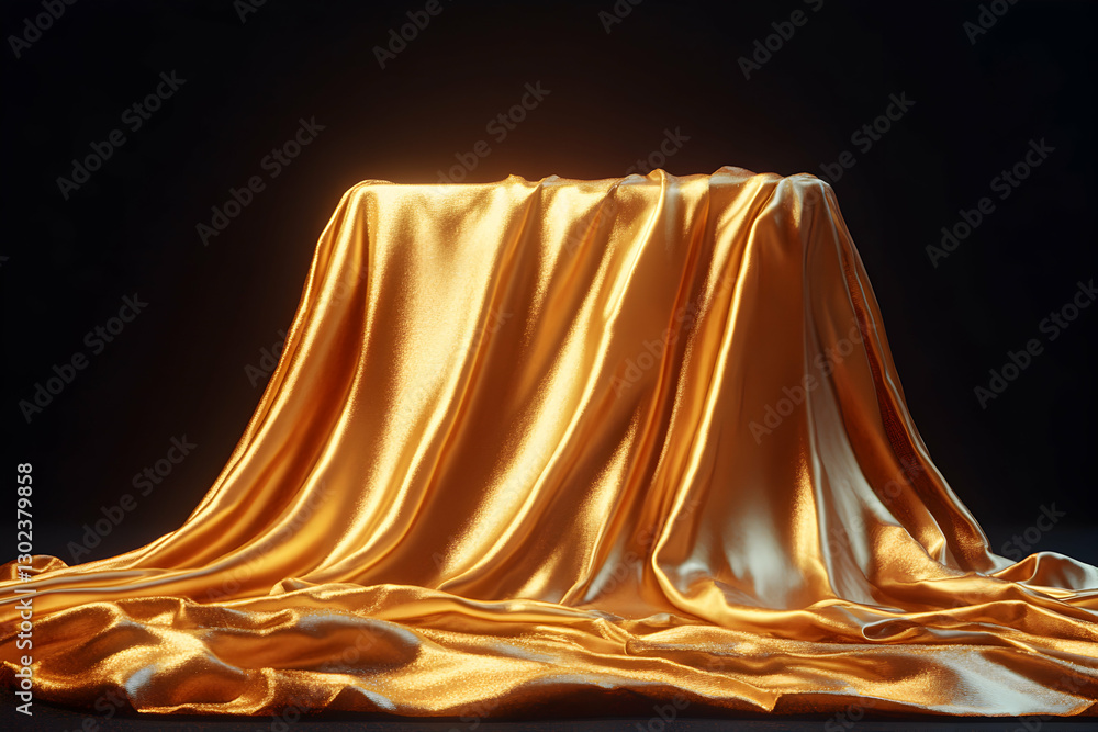 Poster mysterious object unveiled under shimmering golden silk fabric display