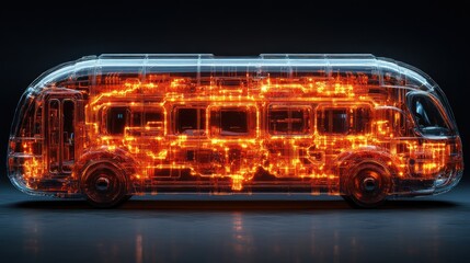 Transparent electric bus, glowing circuits, dark studio, future transport