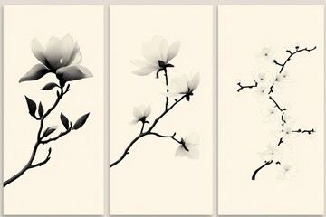 Three vertical minimalist floral posters featuring smoky line art, depicting a magnolia, cherry blossom, and jasmine flower on cream-colored backgrounds.