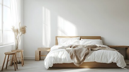 Minimalist Bedroom with Natural Light Streaming Through Window and Wooden Elements