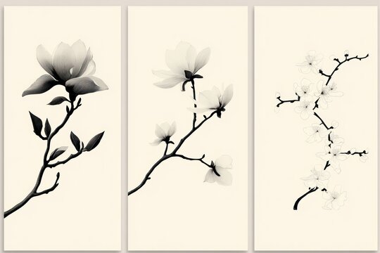 Three vertical minimalist floral posters featuring smoky line art, depicting a magnolia, cherry blossom, and jasmine flower on cream-colored backgrounds.