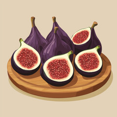 A flat 2D vector of a set of figs placed on a wooden plate.