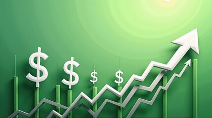 A stock illustration representing Climate action in green and silver, with sharp contrasts and metaphors of dollar signs and rising arrows, using texture overlays for complexity.
