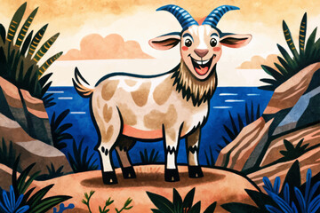 goat in savanna landscape abstract cartoon illustration