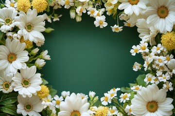 Spring flowers frame a green background, offering space for personalized greeting card text.
