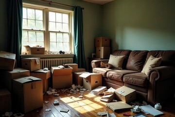 Sunlit Room Filled with Cardboard Boxes and a Brown Sofa During a Residential Move