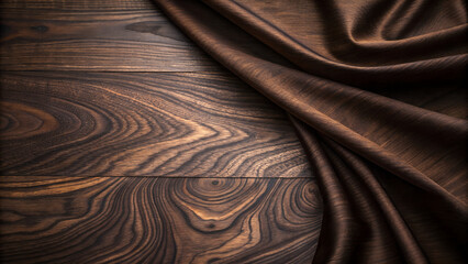 Fototapeta premium Rich Dark Grain Wooden Surface with Shiny Dark Brown Fabric: A Visual Texture Contrast