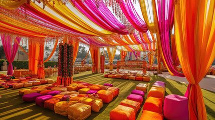 Elaborate wedding ceremony with vibrant colors, intricate decorations, and traditional rituals, capturing the grandeur and cultural richness of the event