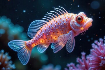 A Vivid Pink Spotted Fish with Delicate Fins Gracefully Swims Amidst Vibrant Coral Reef