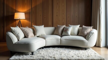 Curved Sectional Sofa with Soft Cushions and Floor Lamp in a Modern Living Room