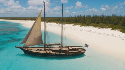 Elegant Sailing Ship on Turquoise Waters by Tropical Beach