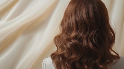 Naklejka premium Beautiful model girl with Brown hair strand,silky healthy chestnut wavy hair strand isolated on white background,hair wavy ribbon, with smooth texture,vibrant shine,brunette hairpiece, hairy ribbon.