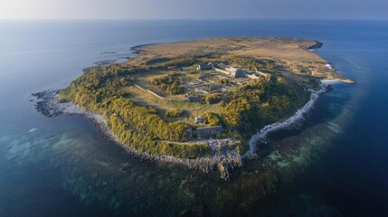 Aerial View of Historic Ruins on Serene Island Surrounded by Water
