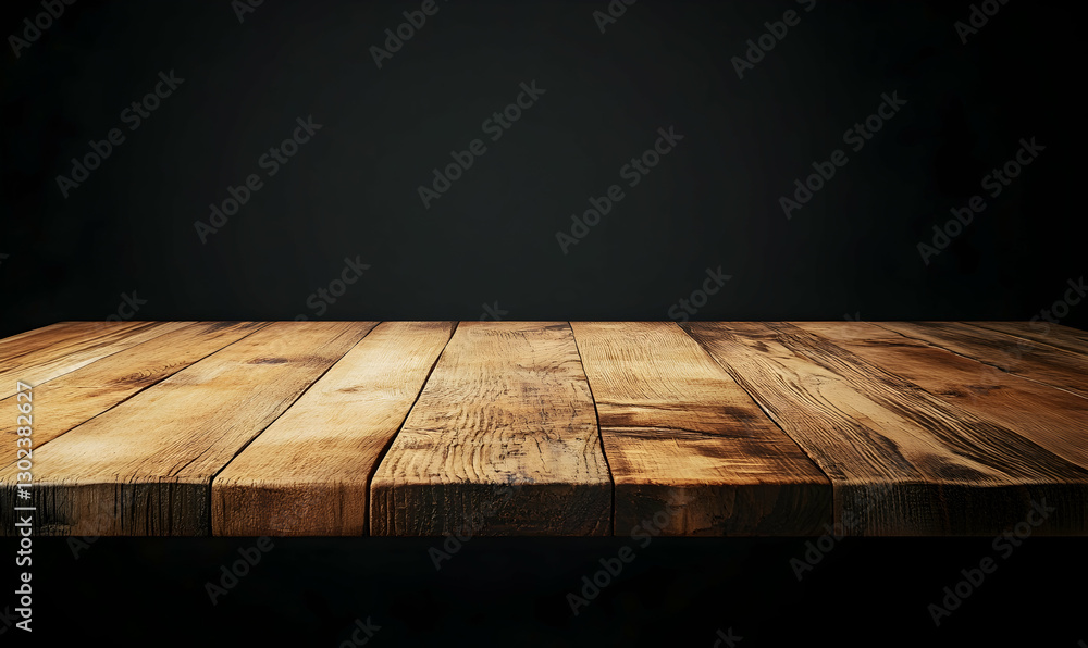 Poster rustic charm, capturing the warmth and texture of a wooden surface against a dark backdrop for produ