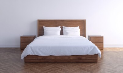Modern bedroom with wooden bed and nightstands.