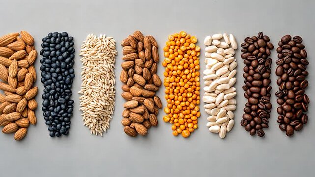 A vibrant assortment of nuts and seeds arranged in neat rows on a gray background
