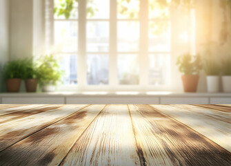 Rustic Wooden Tabletop with a Bright Kitchen Window Backdrop, Ideal for Product Mockups and Interior Design Visualizations Showcasing Natural Light