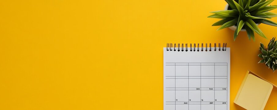 Desk features calendar succulents and sticky notes on yellow background