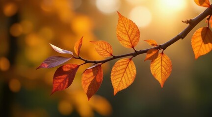 Golden autumn leaves illuminated by the warm glow of the setting sun, showcasing the vibrant colors and intricate details of nature's artistry.