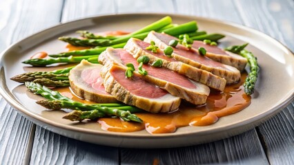 Thinly sliced veal on a plate with a rich tuna sauce and steamed asparagus , elegant presentation, veal