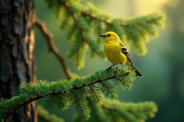 A vibrant yellow songbird perched delicately on a pine branch, basking in the soft sunlight filtering through the forest canopy, a picturesque moment of serenity in nature's embrace.